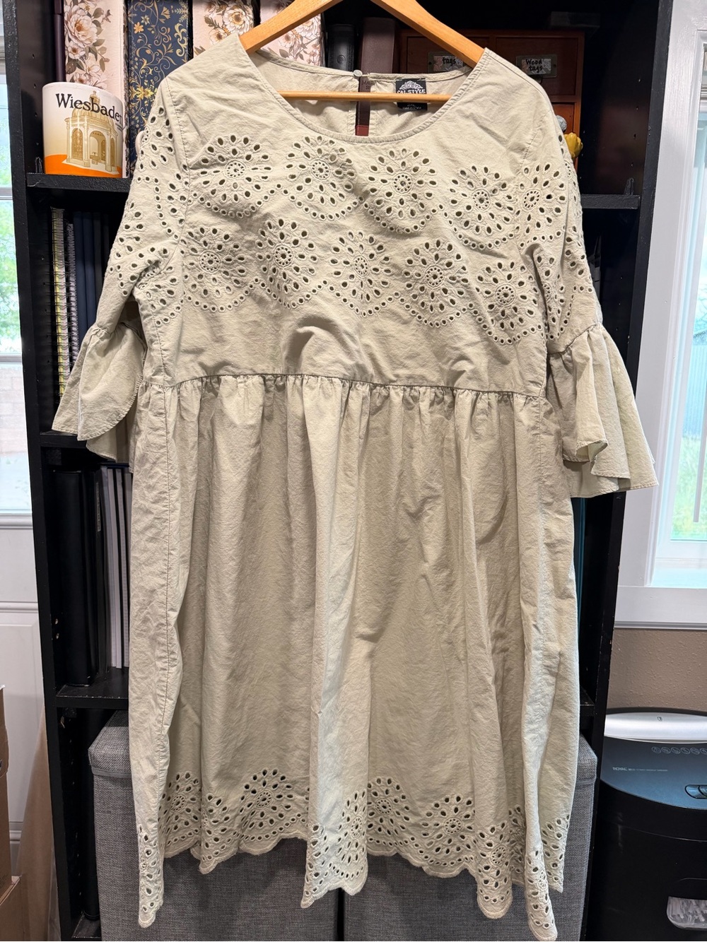 Eyelet Midi Dress in Sage Green — Lightweight Ruffled Sleeve Dress